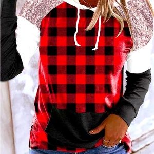 Red Sequined Splicing Plaid Kangaroo Pocket
Hoodie